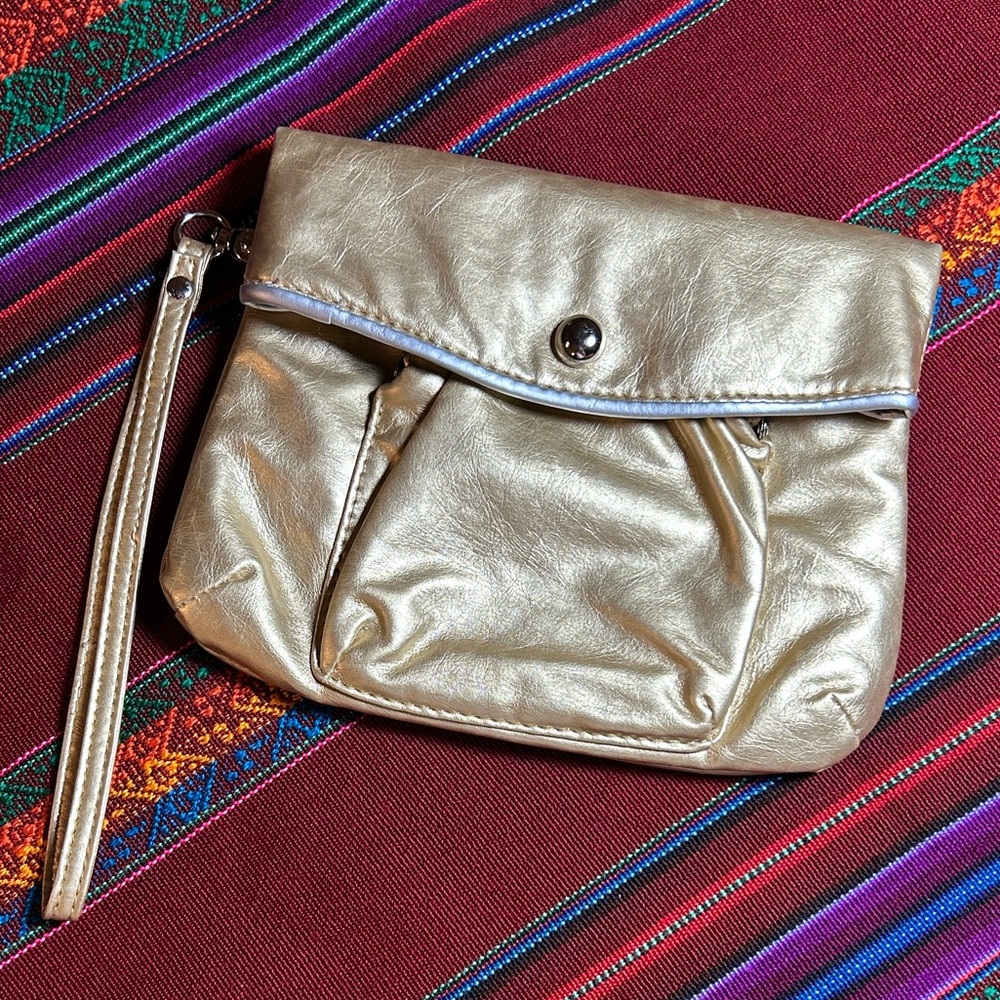Gold Wristlet Clutch kiss-lock coin purse dual toned, silver hardware & piping